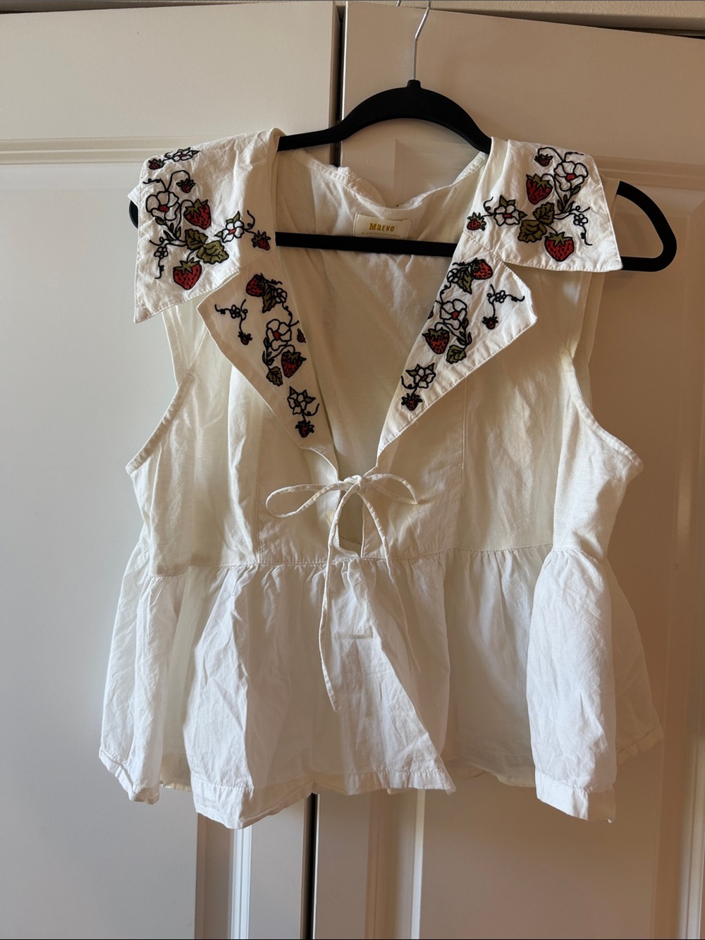 Maeve White Peplum Tie-Front Embroidered Collar Top